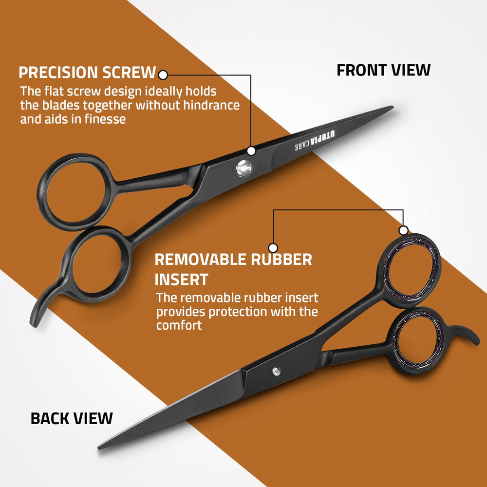 Utopia Care hair cutting scissors in a salon setup highlighting balanced weight for steady cuts.