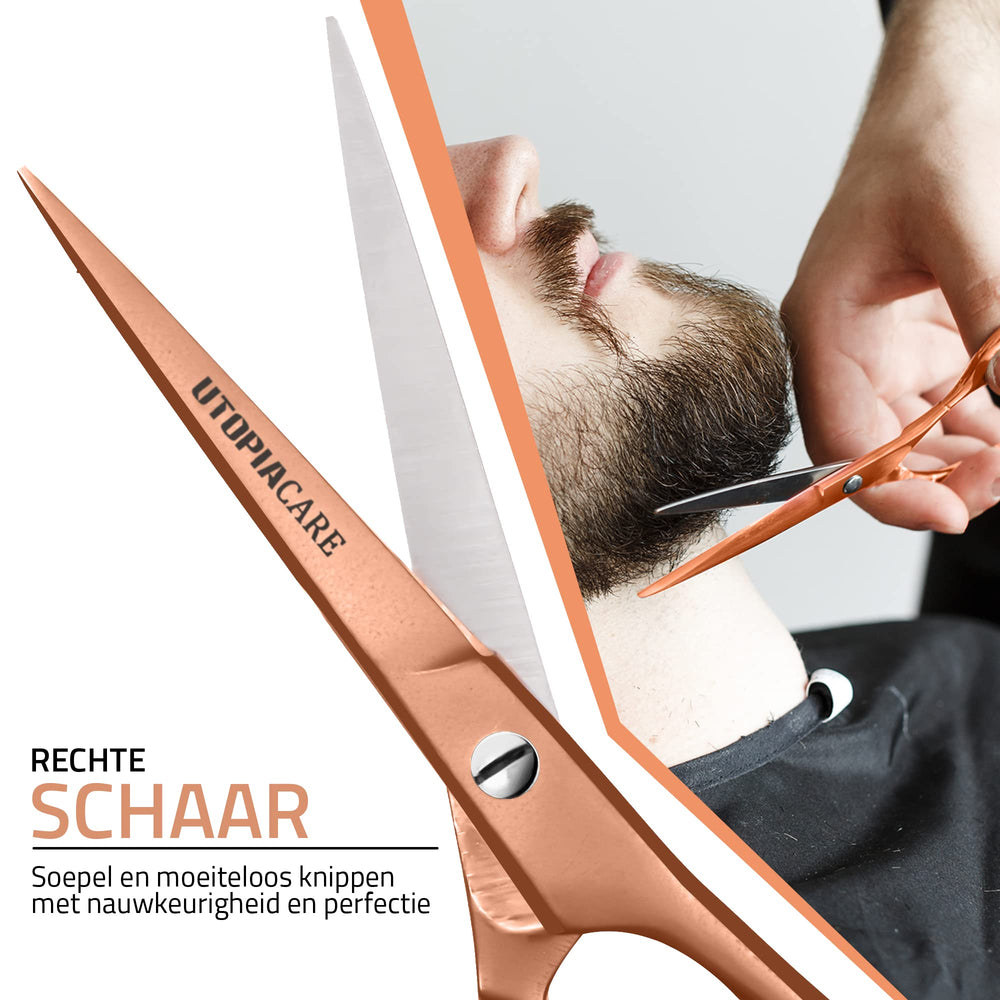 Utopia Care rose gold scissors resting on a desk in a professional setup