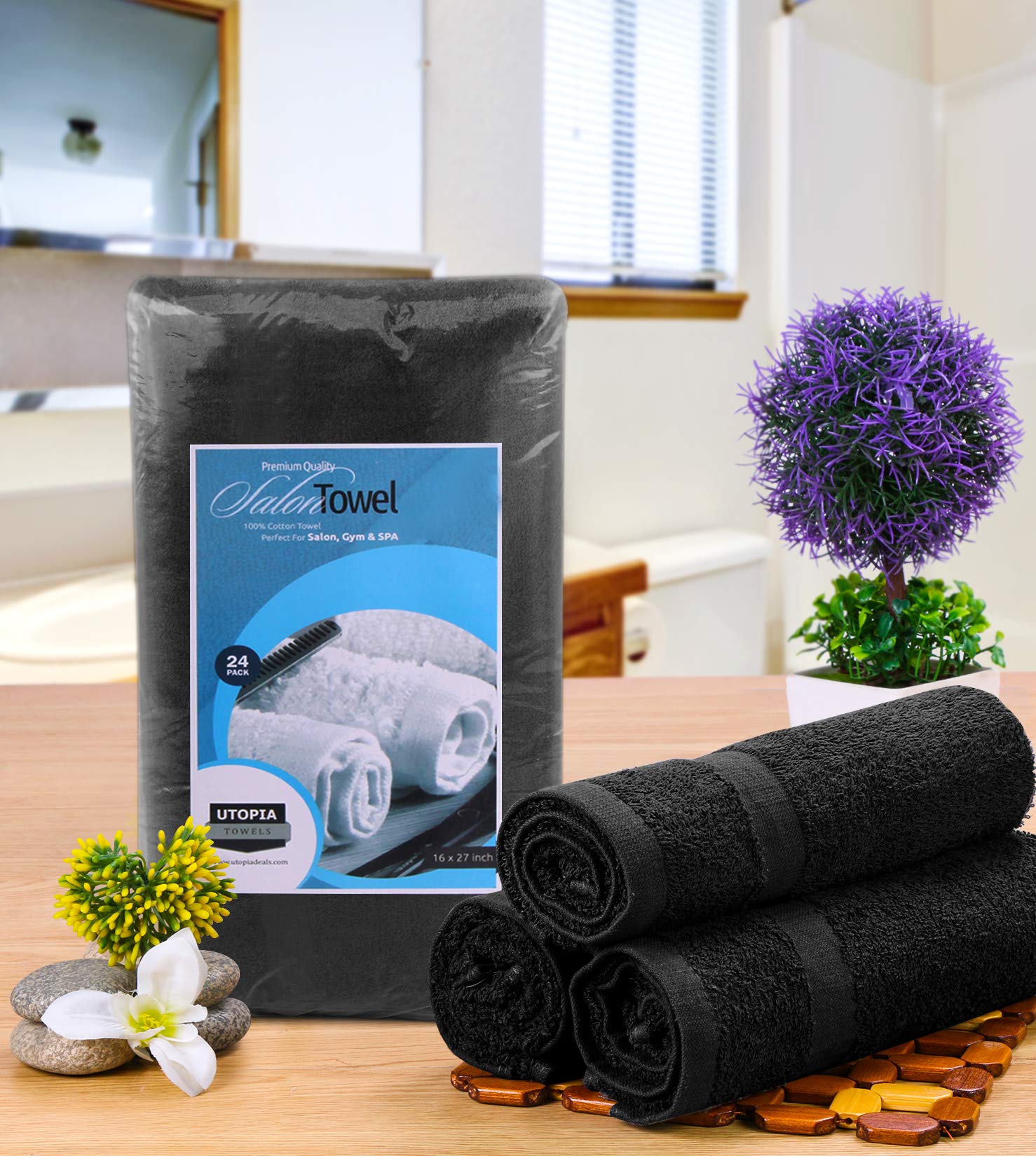Utopia Towels salon towel 24-pack towel stack highlights quick-drying, high absorbency for busy salons.