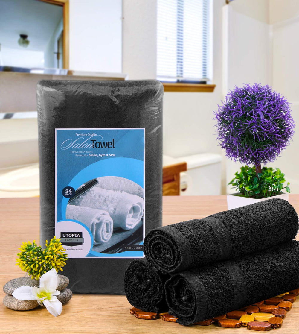 Utopia Towels salon towel 24-pack towel stack highlights quick-drying, high absorbency for busy salons.