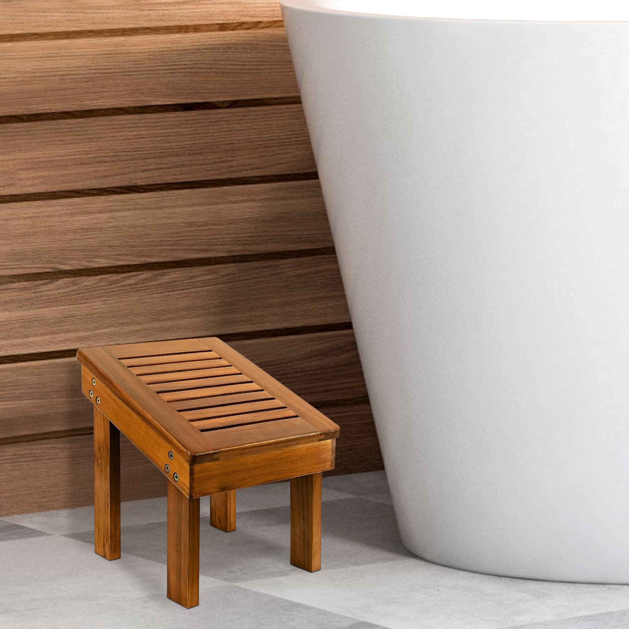 Utoplike Teak Wood Shower Foot Stool adds a sturdy, timeless touch to your bathroom.