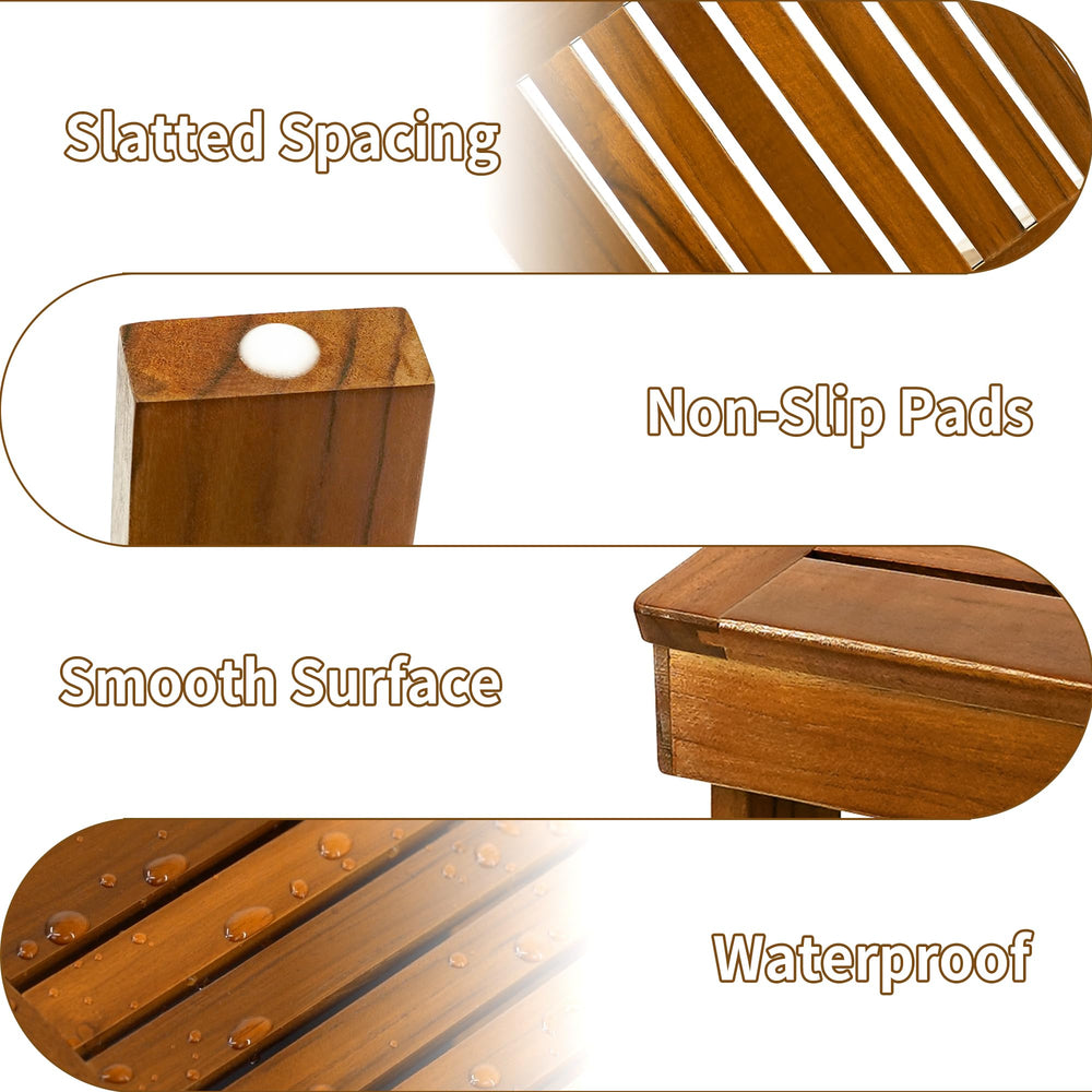 Utoplike Teak Wood Shower Foot Stool resists water exposure and cleans easily.