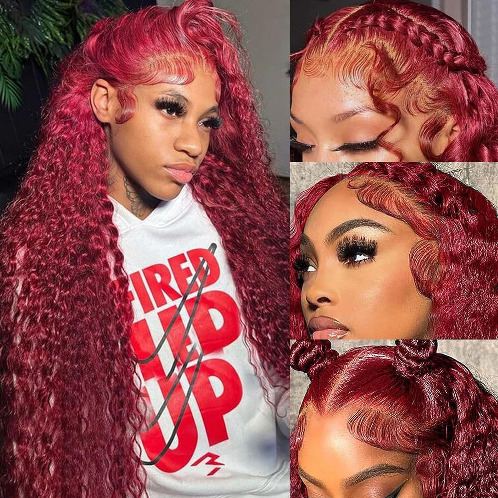 UTracycoy burgundy wig with deep wave lace front 30in for natural movement.
