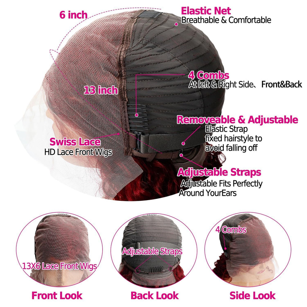 UTracycoy burgundy wig uses transparent HD lace for seamless scalp appearance.