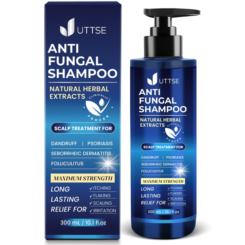 Uttse anti-fungal shampoo bottle pour for scalp relief and clean hair.