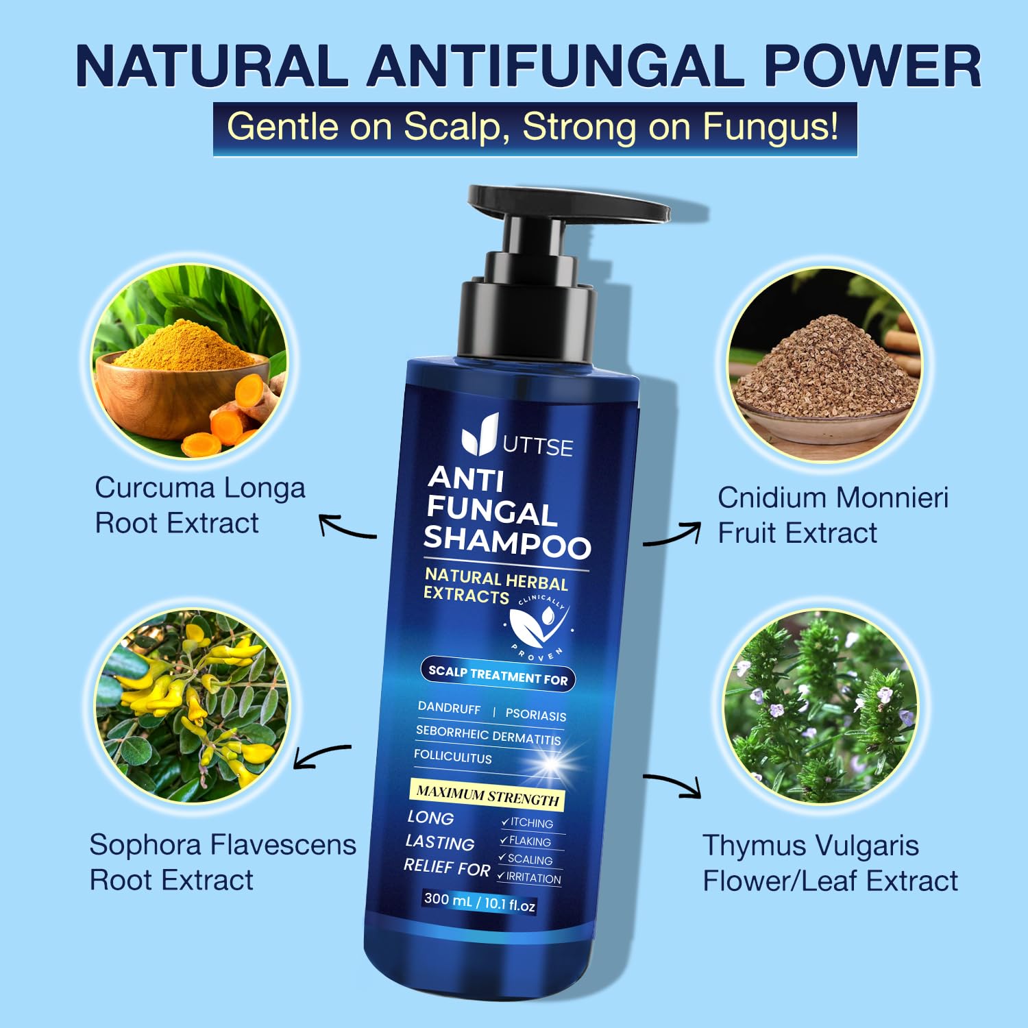 Uttse anti-fungal shampoo lather shown in action for soothed scalp.