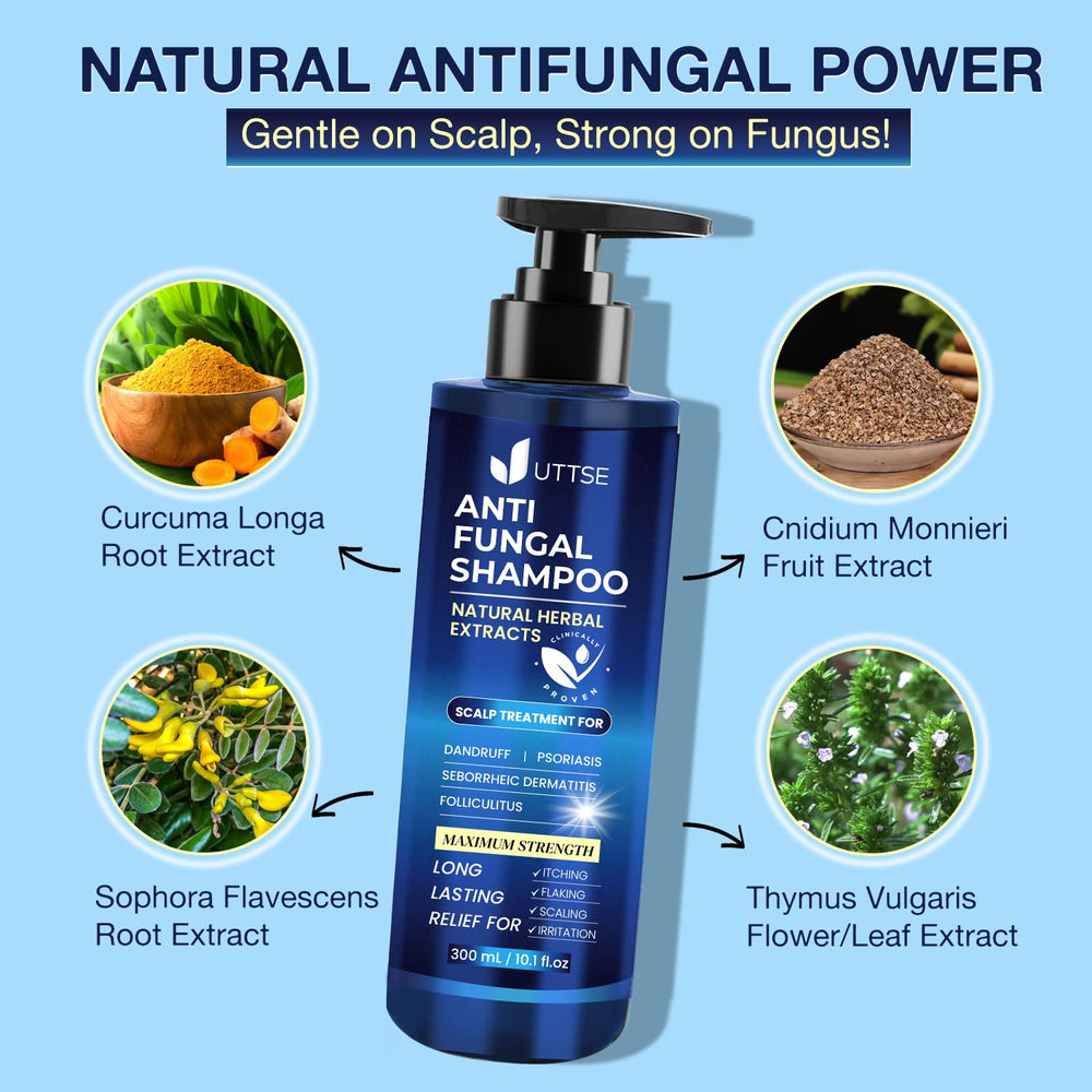 Uttse anti-fungal shampoo lather shown in action for soothed scalp.