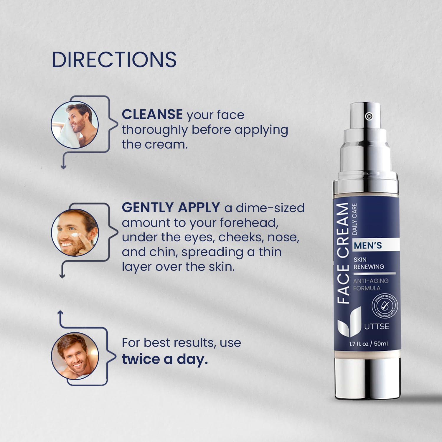 Uttse men skin-care routine portrait suggesting day and night use.