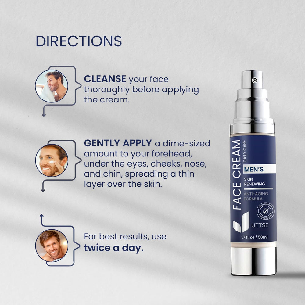 Uttse men skin-care routine portrait suggesting day and night use.