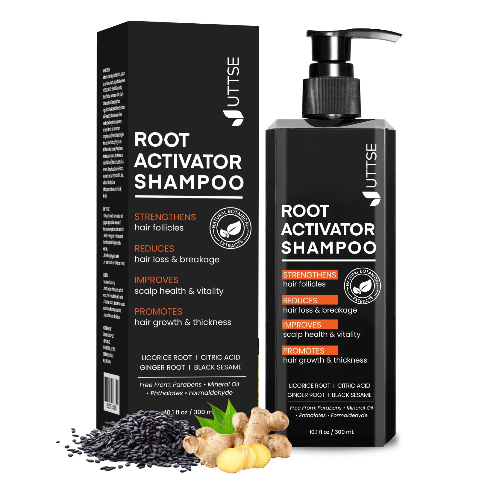 Uttse Root Activator Shampoo bottle with clear label for daily thinning-hair support
