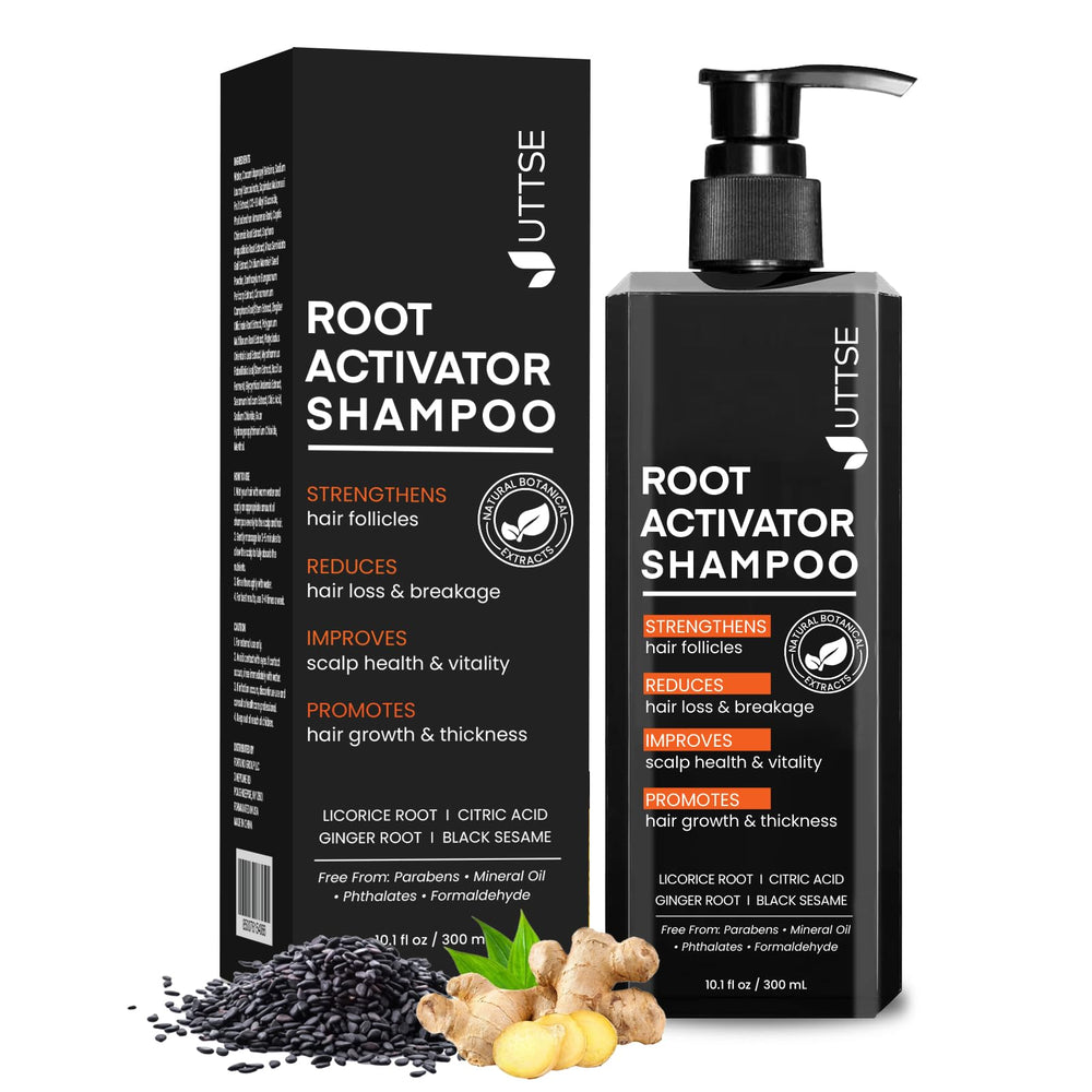 Uttse Root Activator Shampoo bottle with clear label for daily thinning-hair support