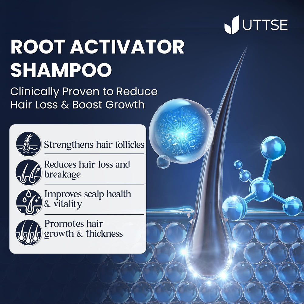 Uttse Root Activator Shampoo demonstrates hair-density appearance in a side-by-side view