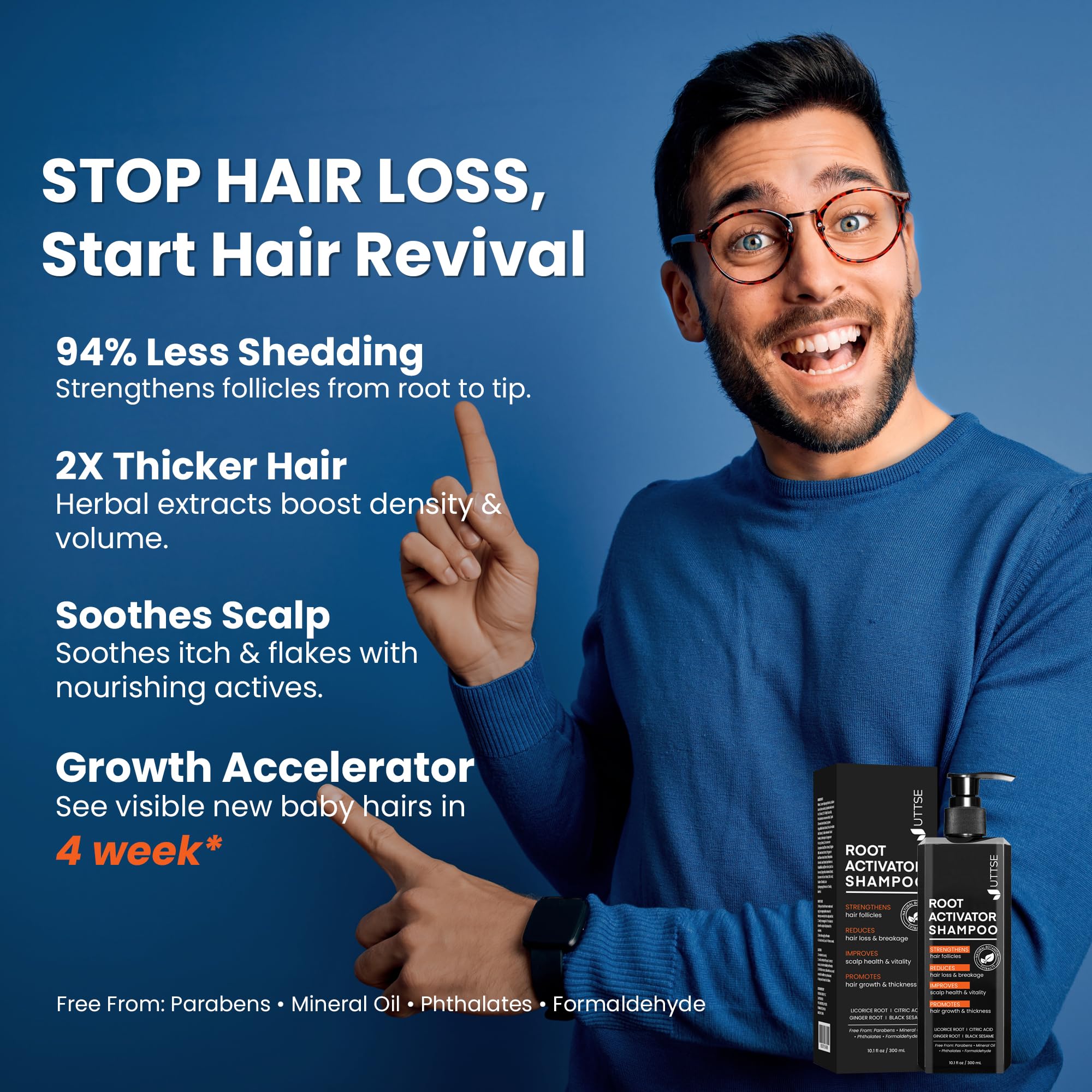 Uttse Root Activator Shampoo pour showing easy dispensing for daily scalp care
