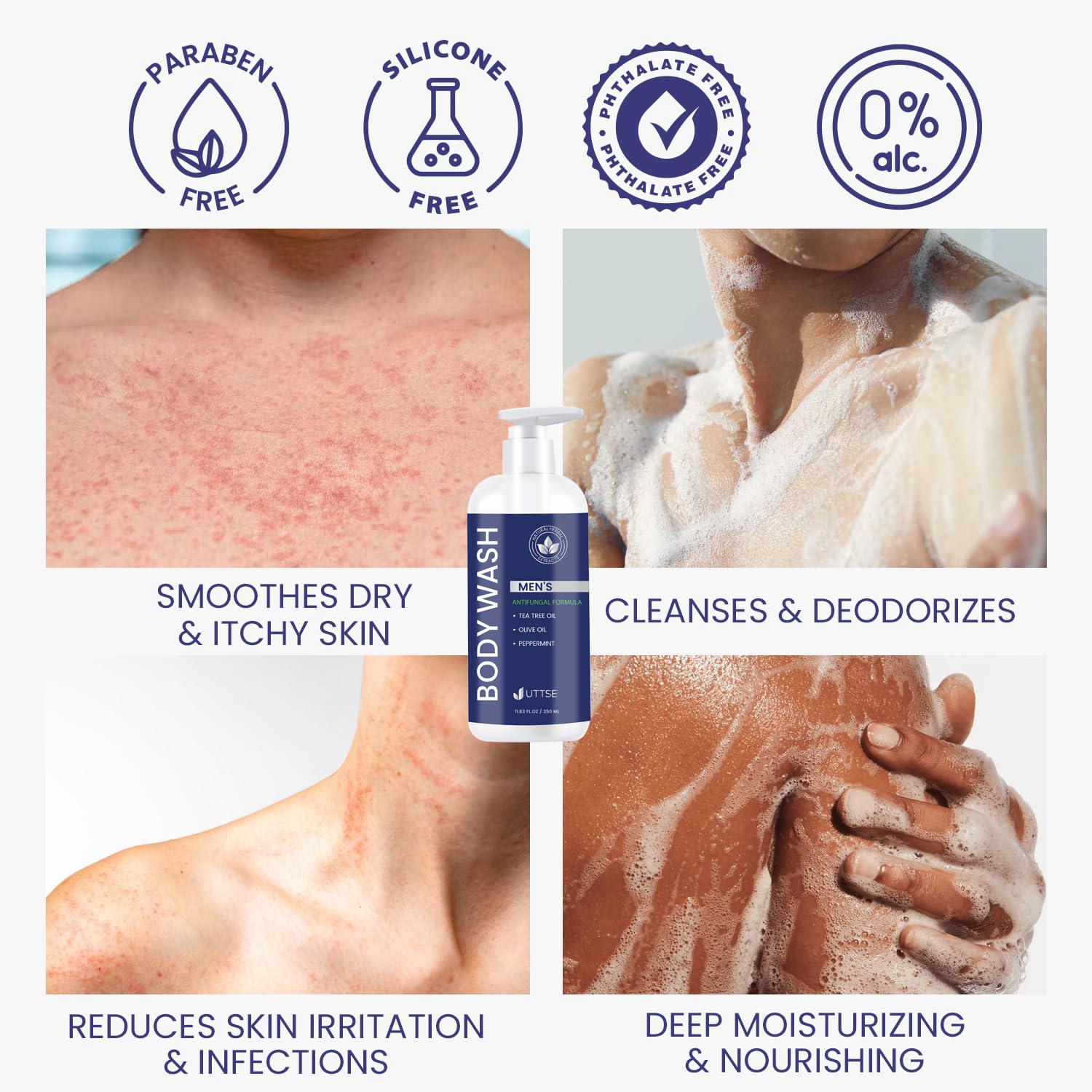 Uttse Tea Tree Body Wash lather shows mint aroma for a refreshing cleanse.