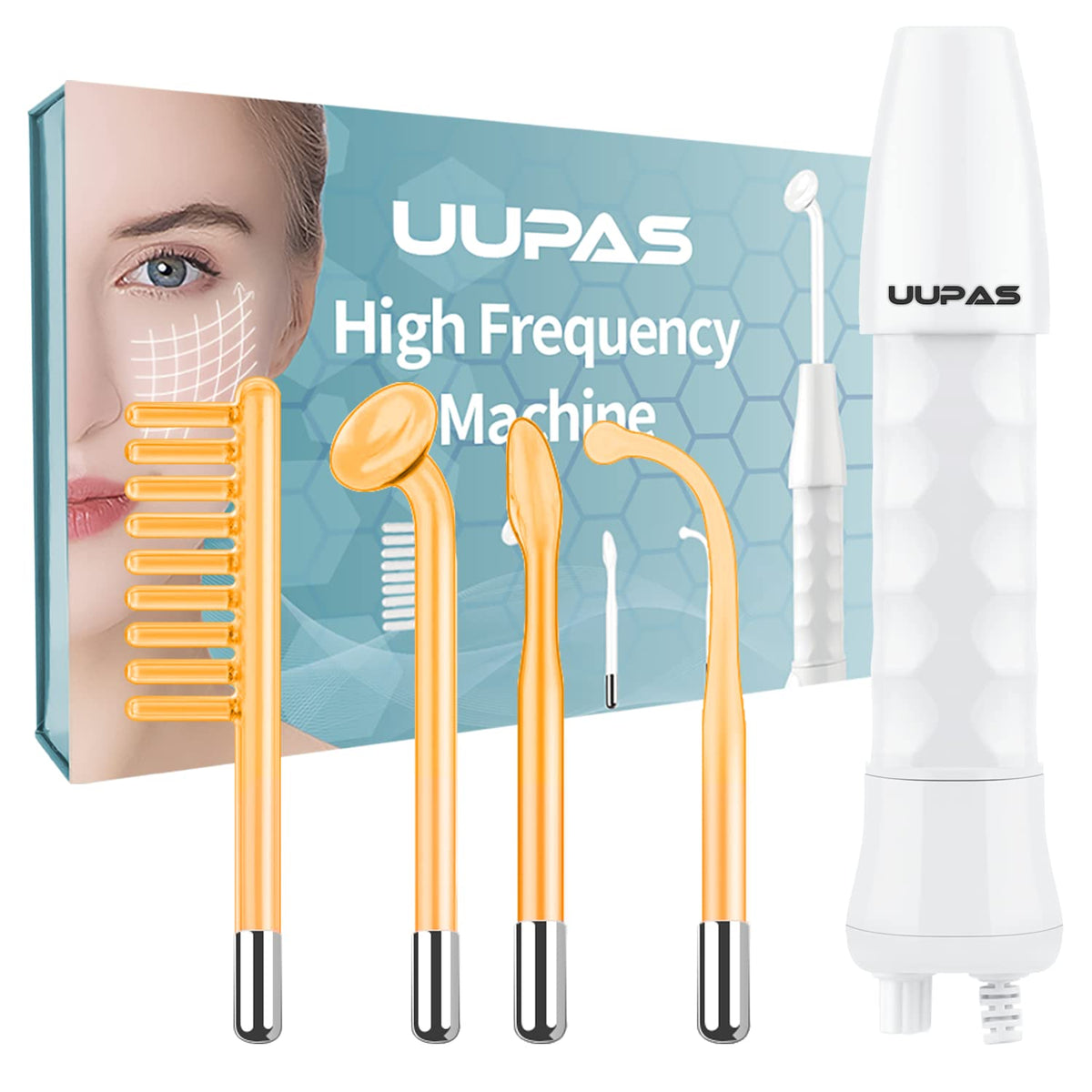 UUPAS high frequency facial wand with all four orange glass tubes for versatile skincare routines.
