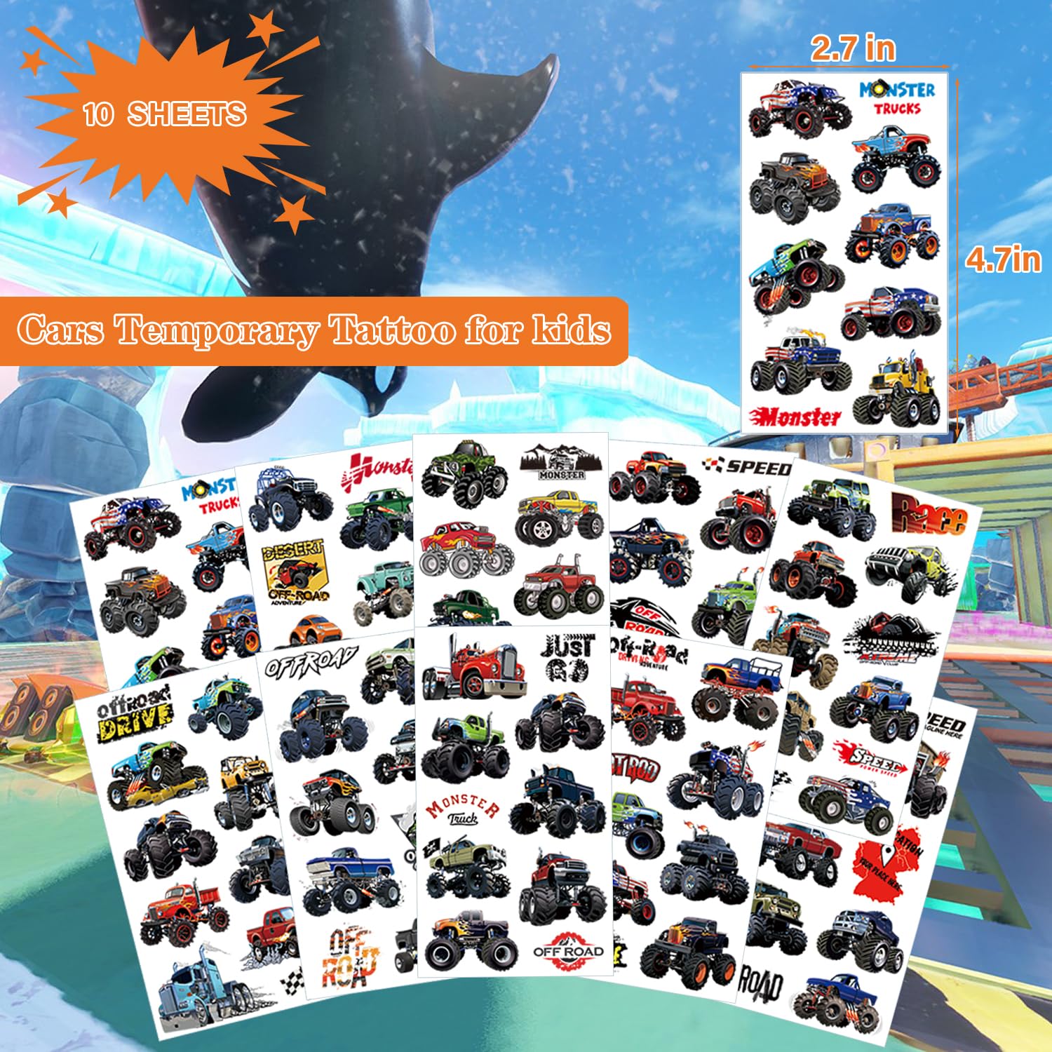 UVUXO 10-sheets monster truck tattoos highlight designs for playdates and gifts.