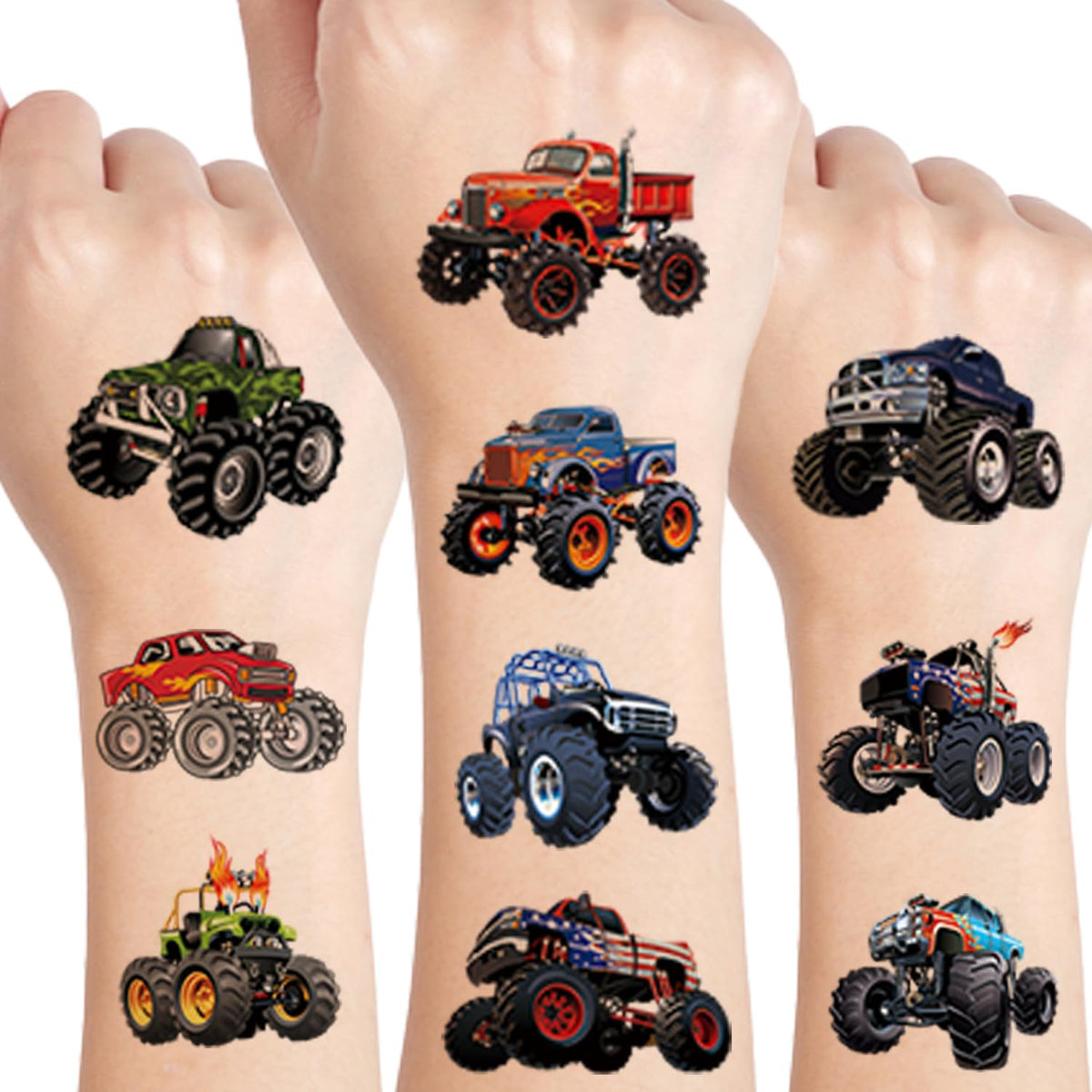 UVUXO monster truck tattoos collection offers child-friendly designs for party favors.