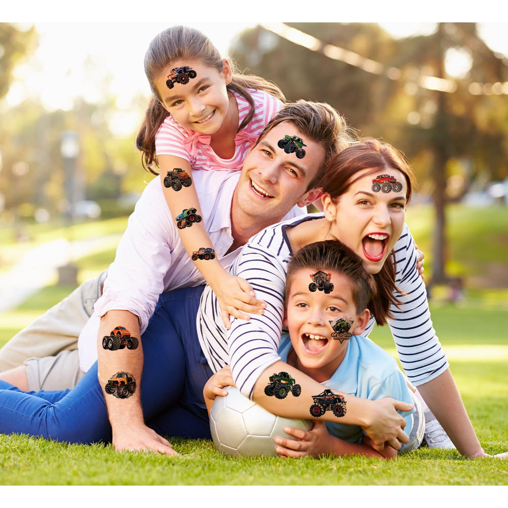 UVUXO non-toxic kid tattoos promote safe play with vibrant monster trucks.