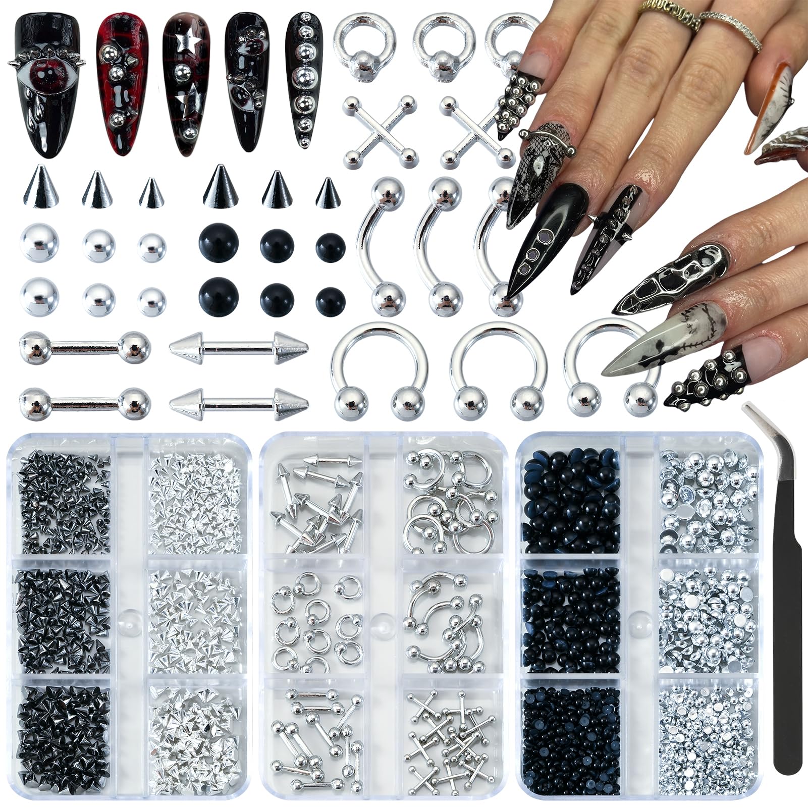 UWETIME goth nail charms box with metal accents for edgy nail art ideas.