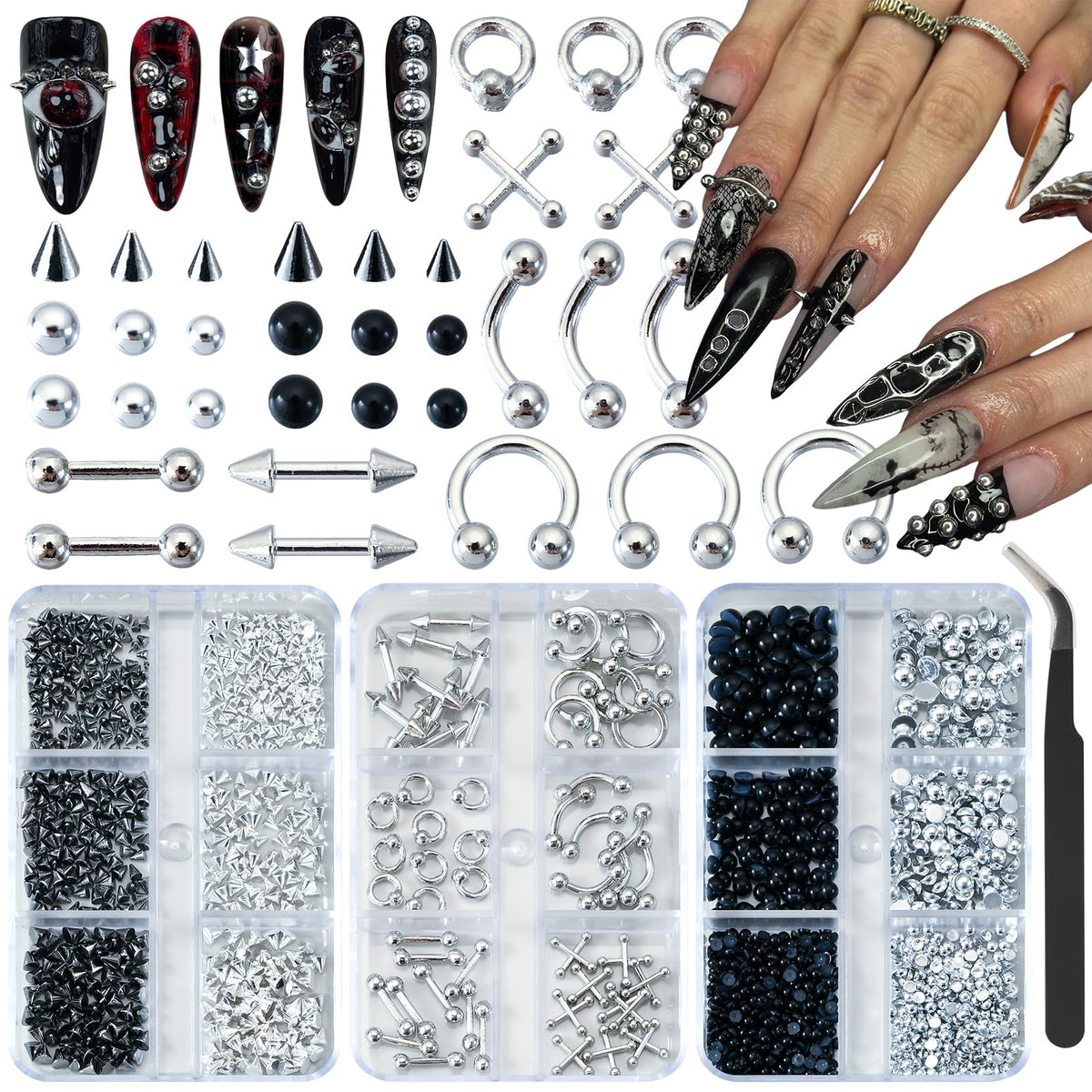 UWETIME goth nail charms box with metal accents for edgy nail art ideas.
