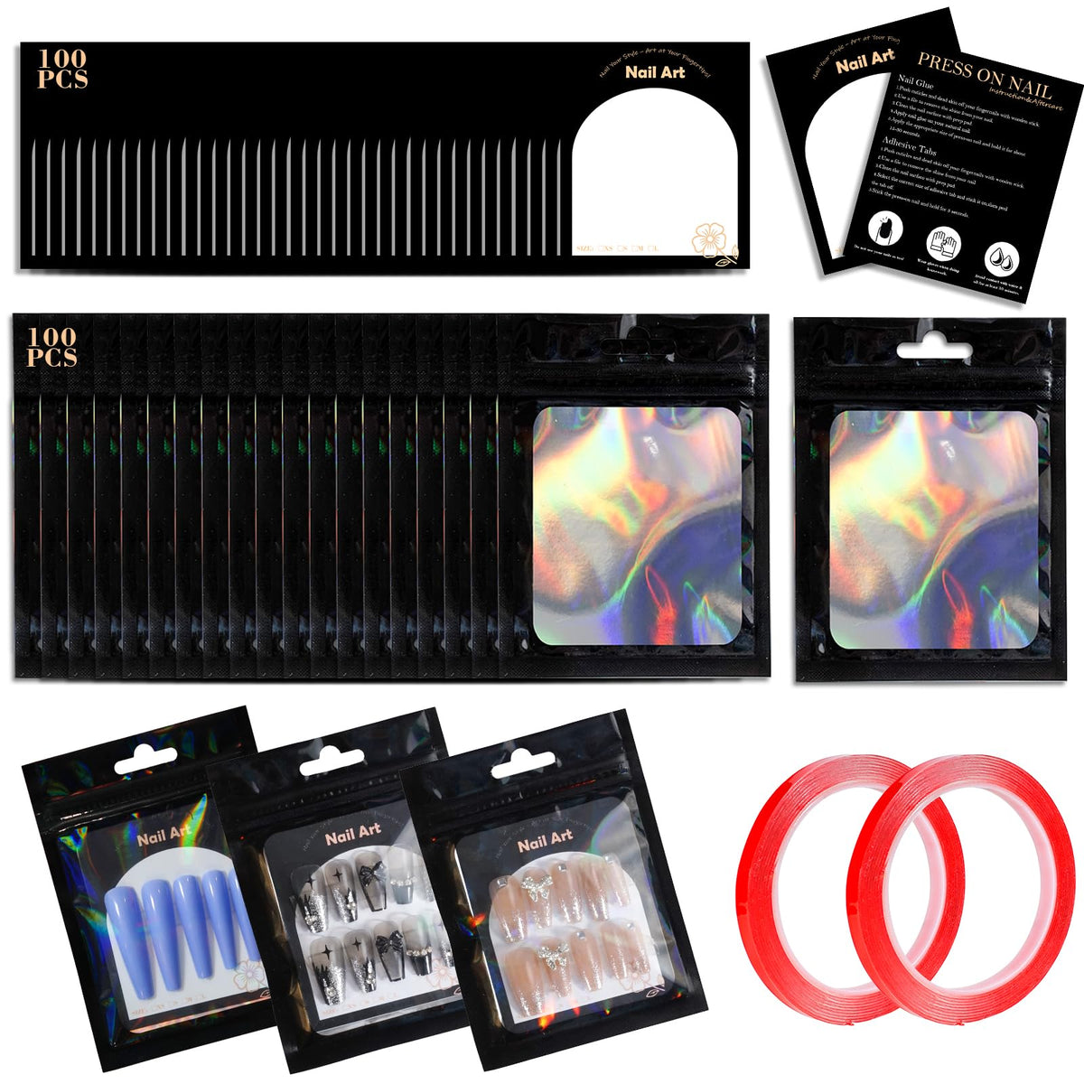 Uyolaxed 202pcs packaging bags with holographic shine for standout nail displays.