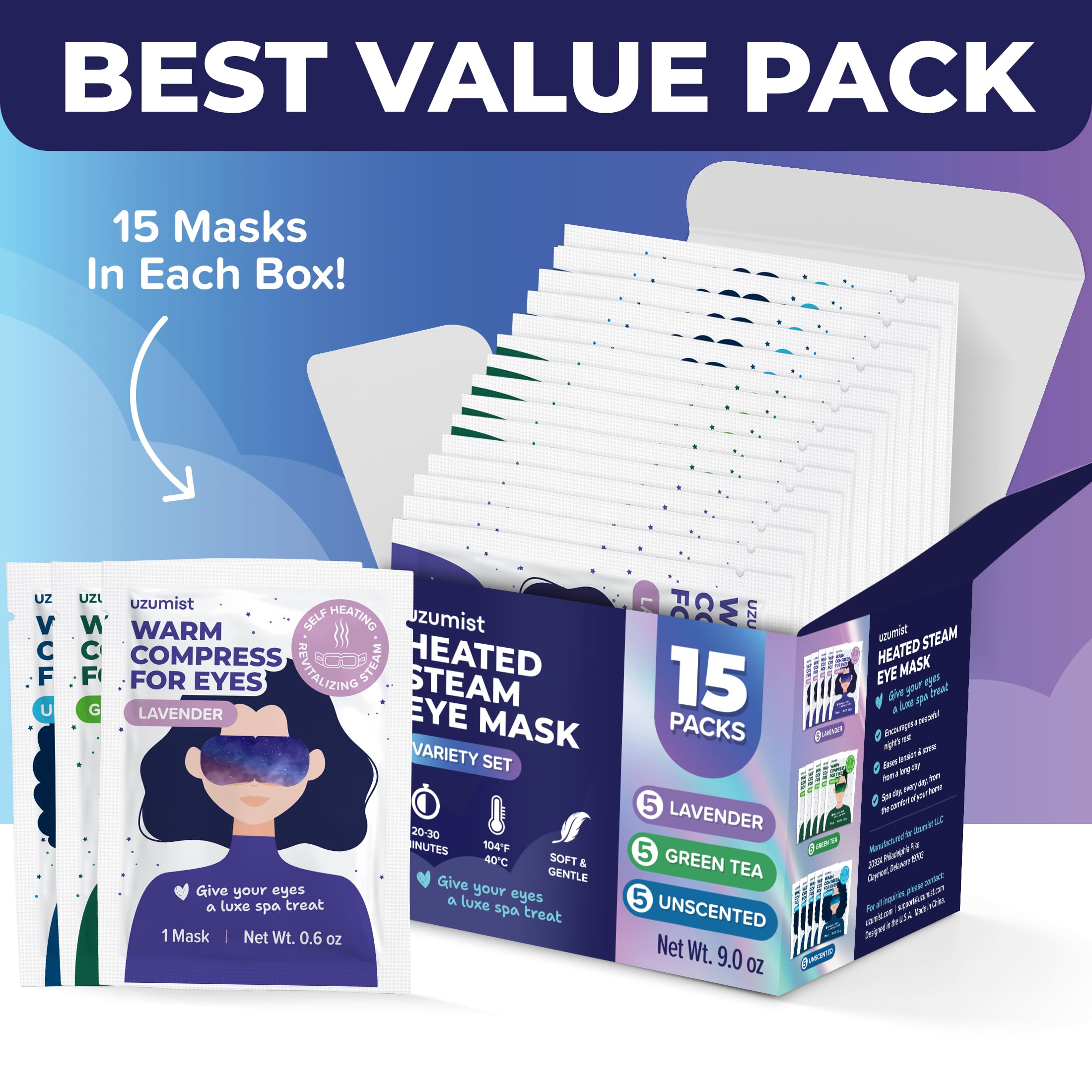 Uzumist steam eye mask on eyes delivering warm relaxation.