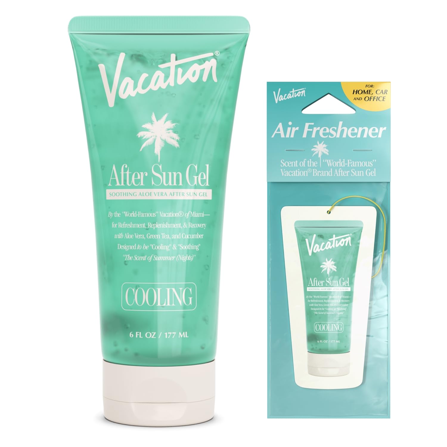 VACATION After Sun Gel bottle closeup shows soothing aloe and cooling relief.