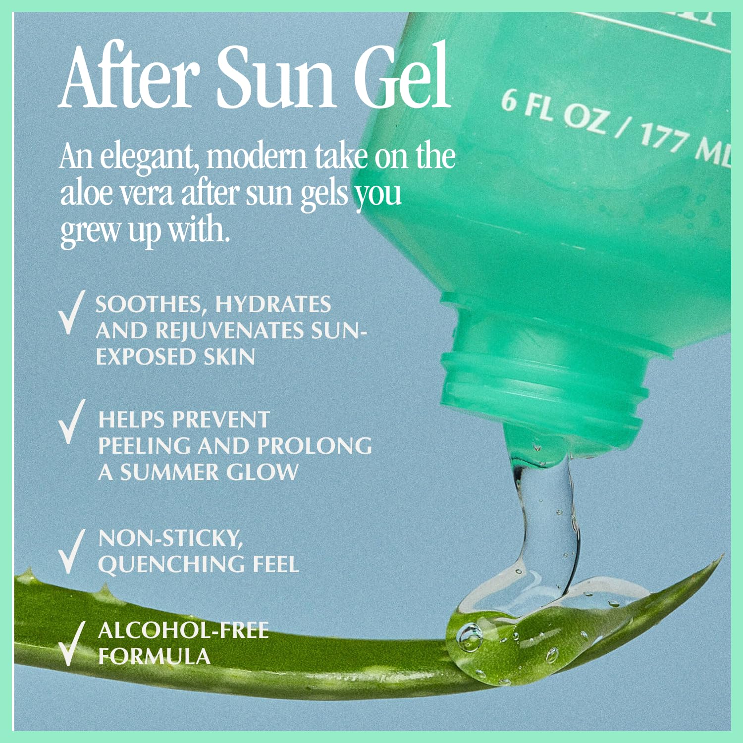 VACATION After Sun Gel cucumber-green tea blend on skin for hydration.