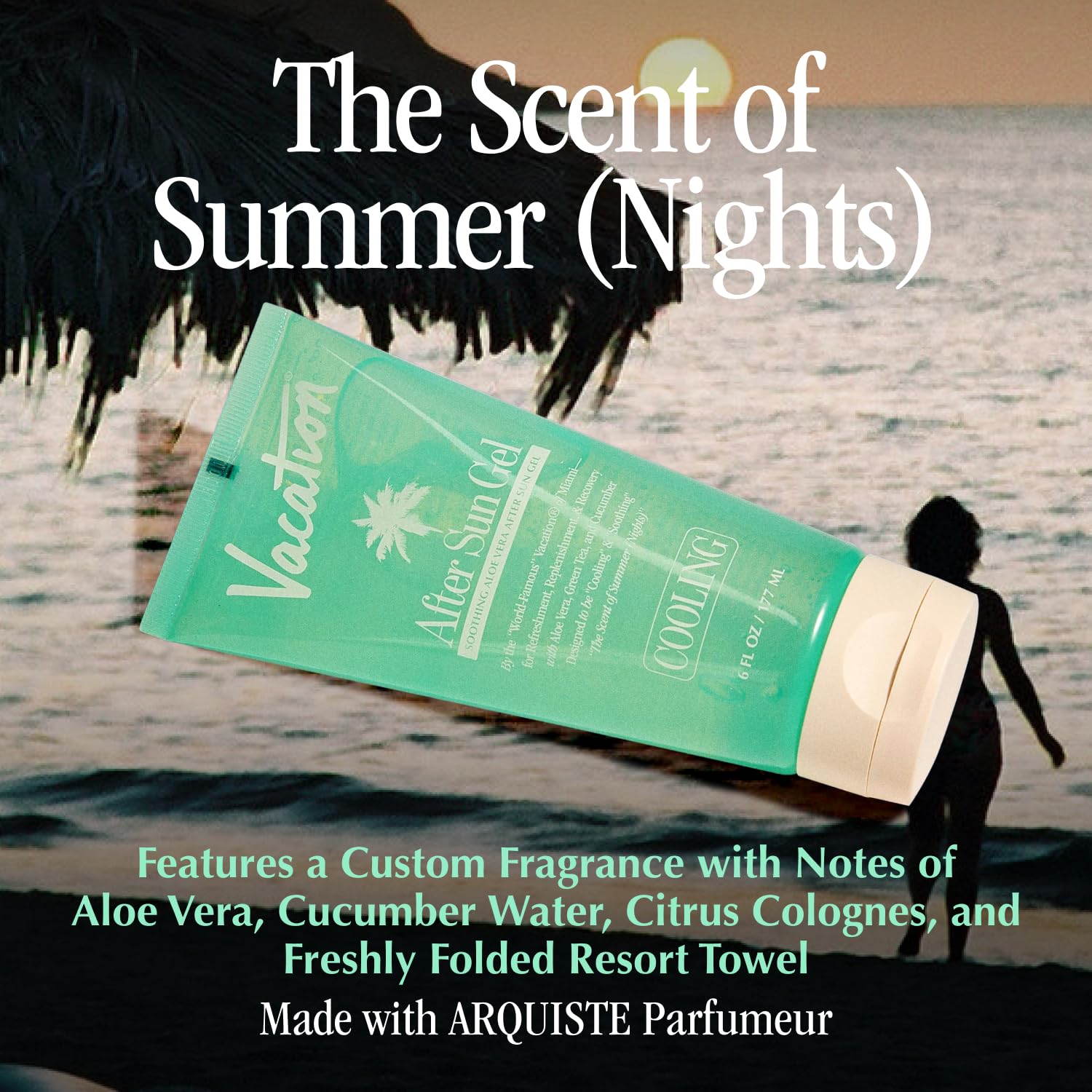 VACATION After Sun Gel texture closeup highlights non-sticky quick absorption.