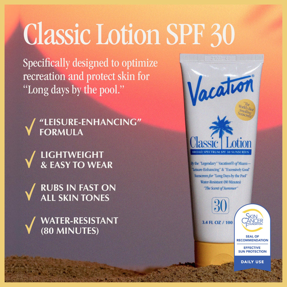 Vacation Classic Sunscreen Lotion SPF30 application demonstrates fast rub-in for all skin tones.