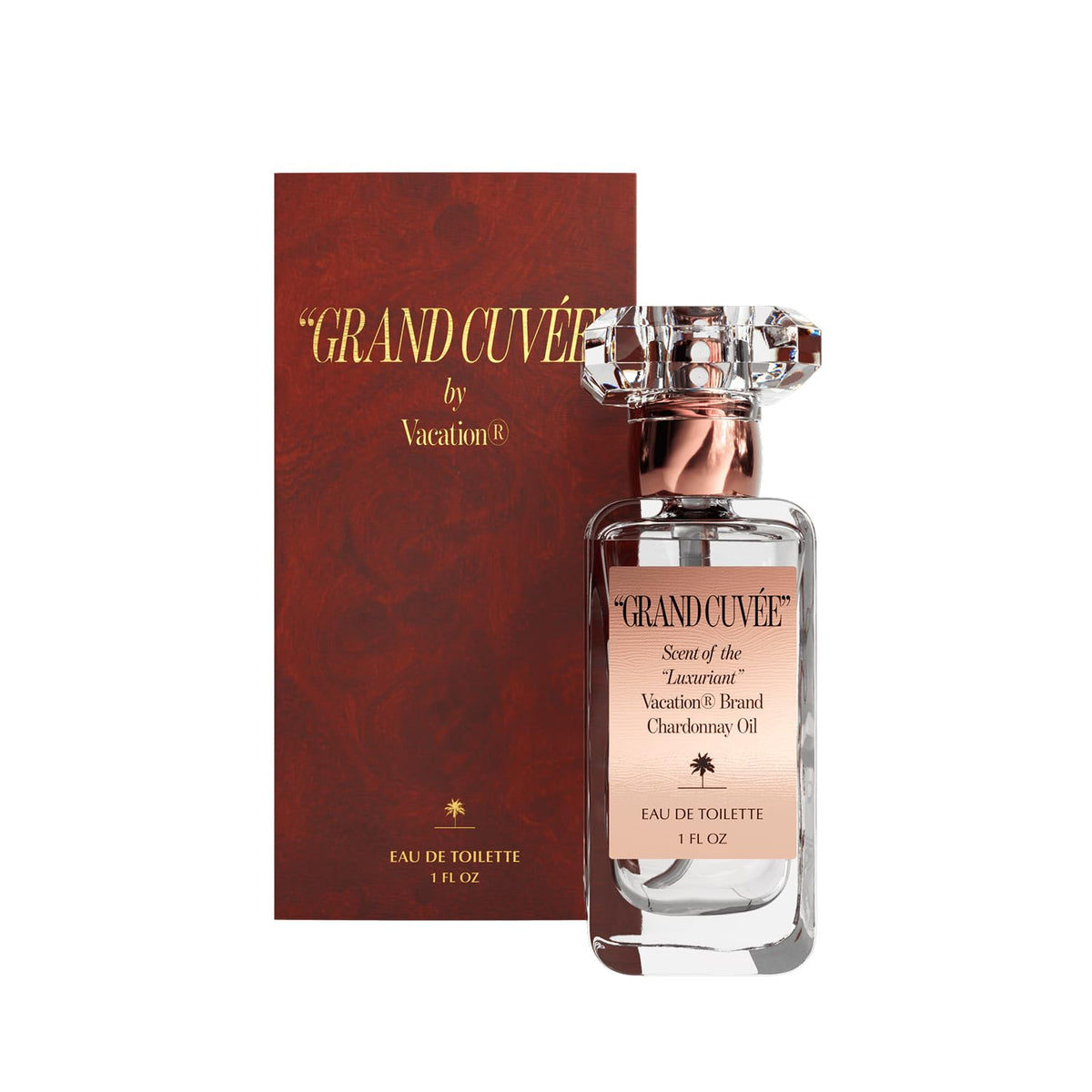 VACATION Grand Cuvee Eau de Toilette bottle closeup showcasing luxe vanilla-amber notes for everyday wear