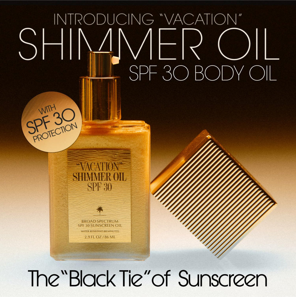 VACATION Shimmer Oil SPF 30 bottle pour highlights easy, mess-free application for radiant skin