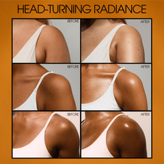 VACATION Shimmer Oil SPF 30 gold shimmer detail emphasizes sun-kissed glow for all tones