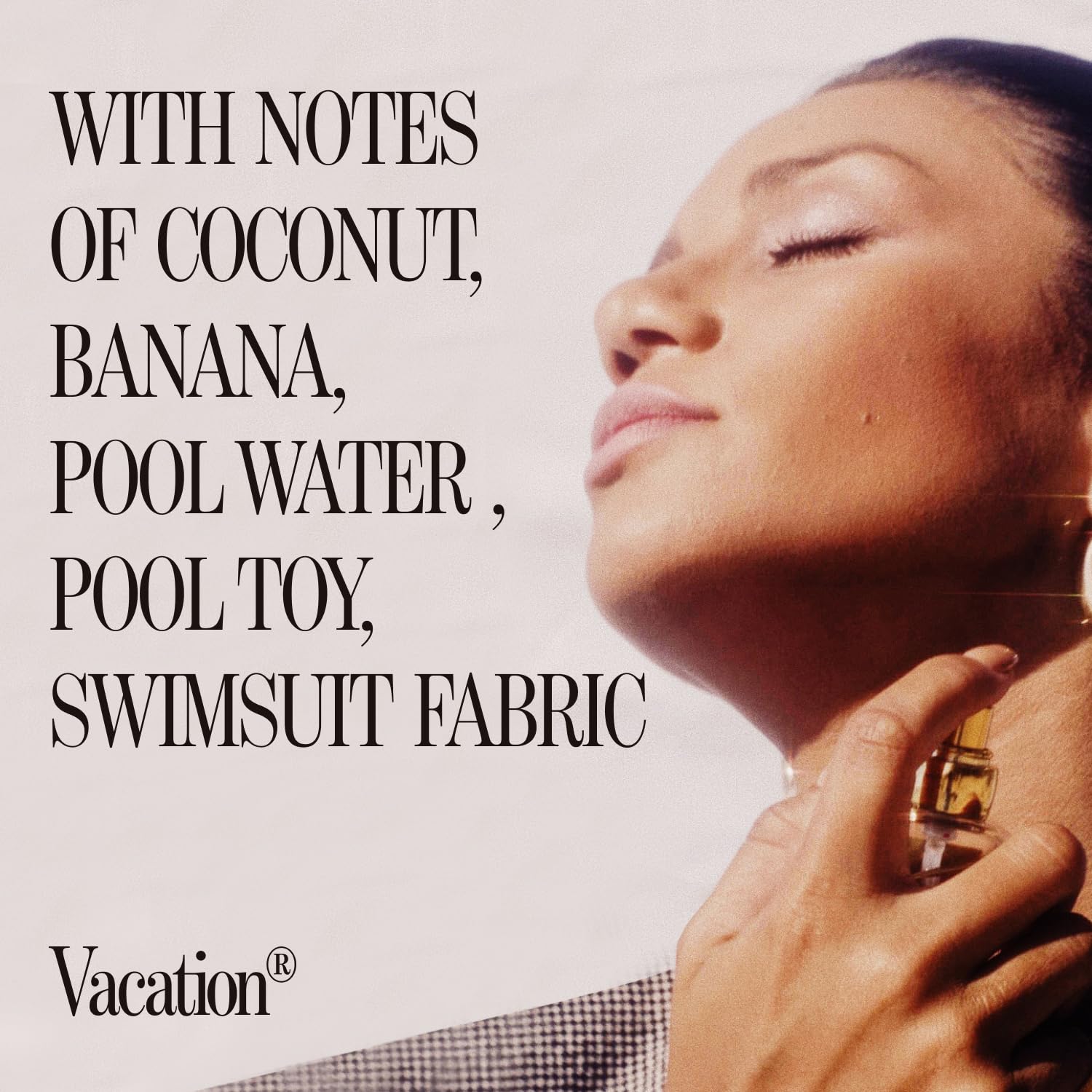 VACATION Sunscreen spray bottle captures beach vibes for all day wear.