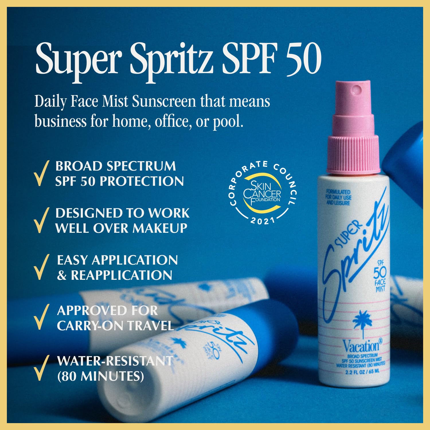 VACATION Super Spritz face-mist spray application shows quick, invisible finish