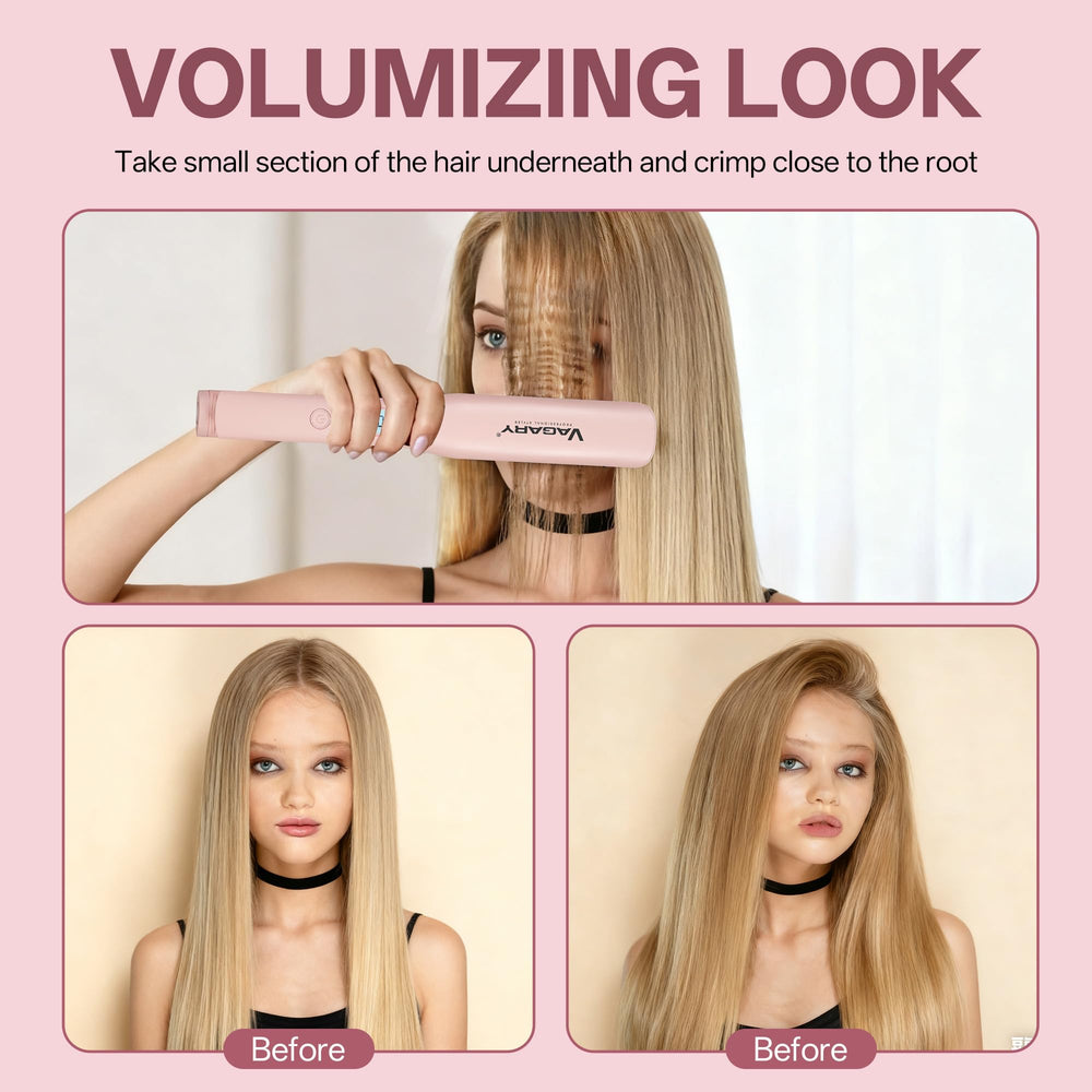 VAGARY flat iron shows dual voltage capability for worldwide styling on the go.