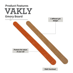 Vakly emery boards with rounded ends, dual-sided for shaping and smoothing.