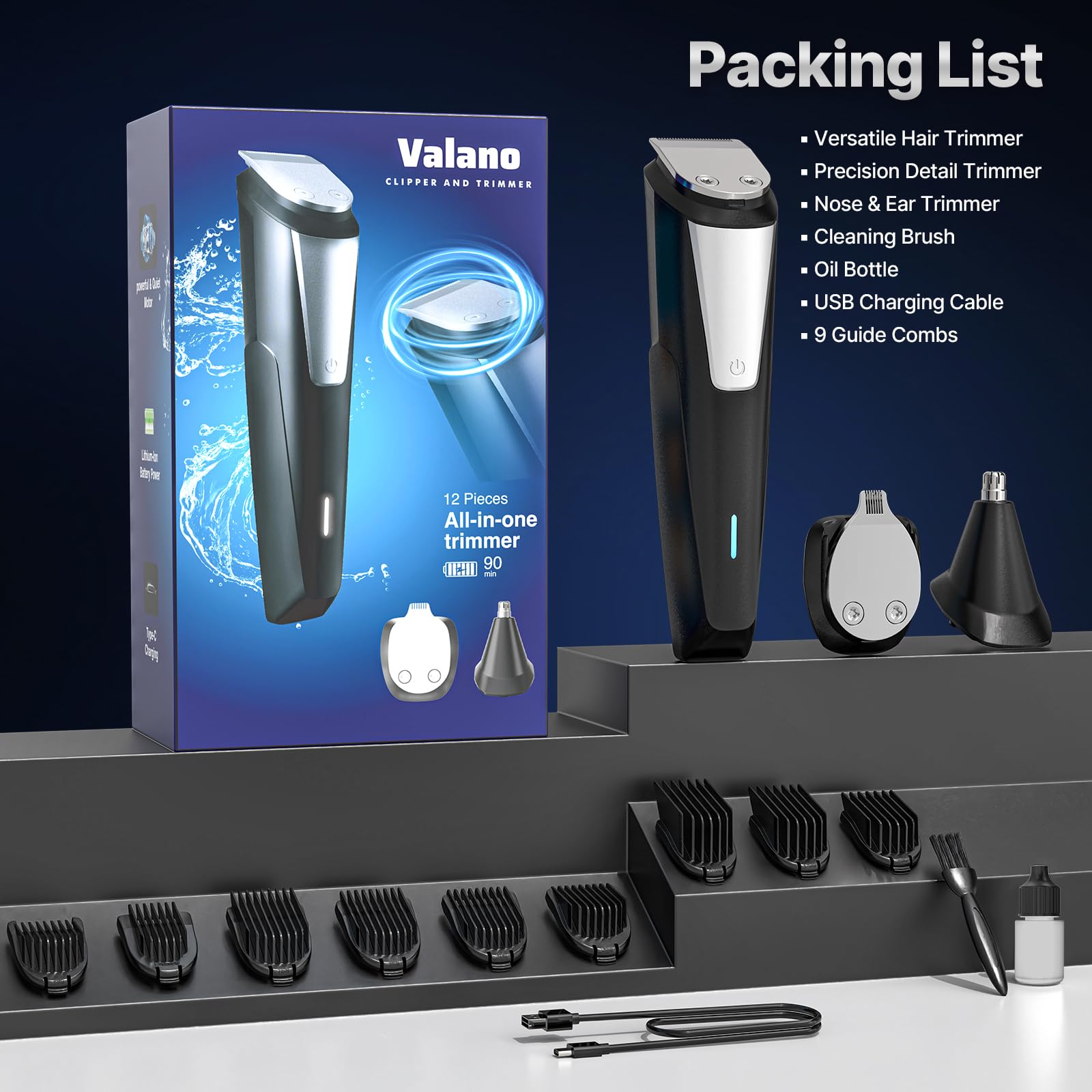 Valano USB-rechargeable trimmer charges on the go for travel versatility.