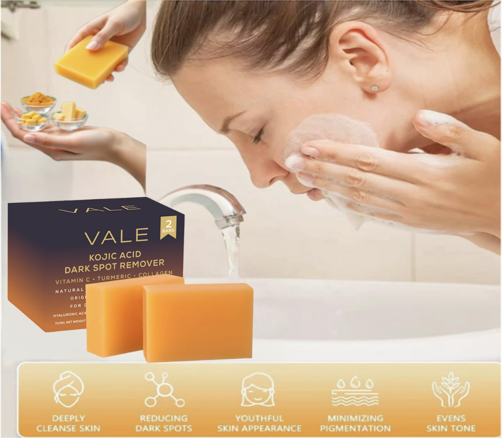 VALE Kojic Acid Turmeric Soap Bar daily-use routine image showing gentle cleansing.