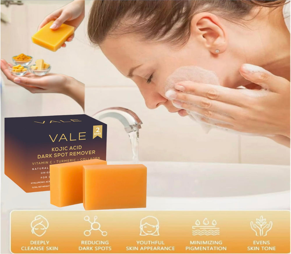 VALE Kojic Acid Turmeric Soap Bar daily-use routine image showing gentle cleansing.