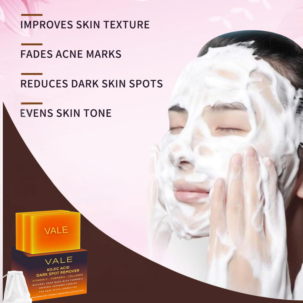 VALE Kojic Acid Turmeric Soap Bar hyaluronic acid provides lasting hydration after wash.