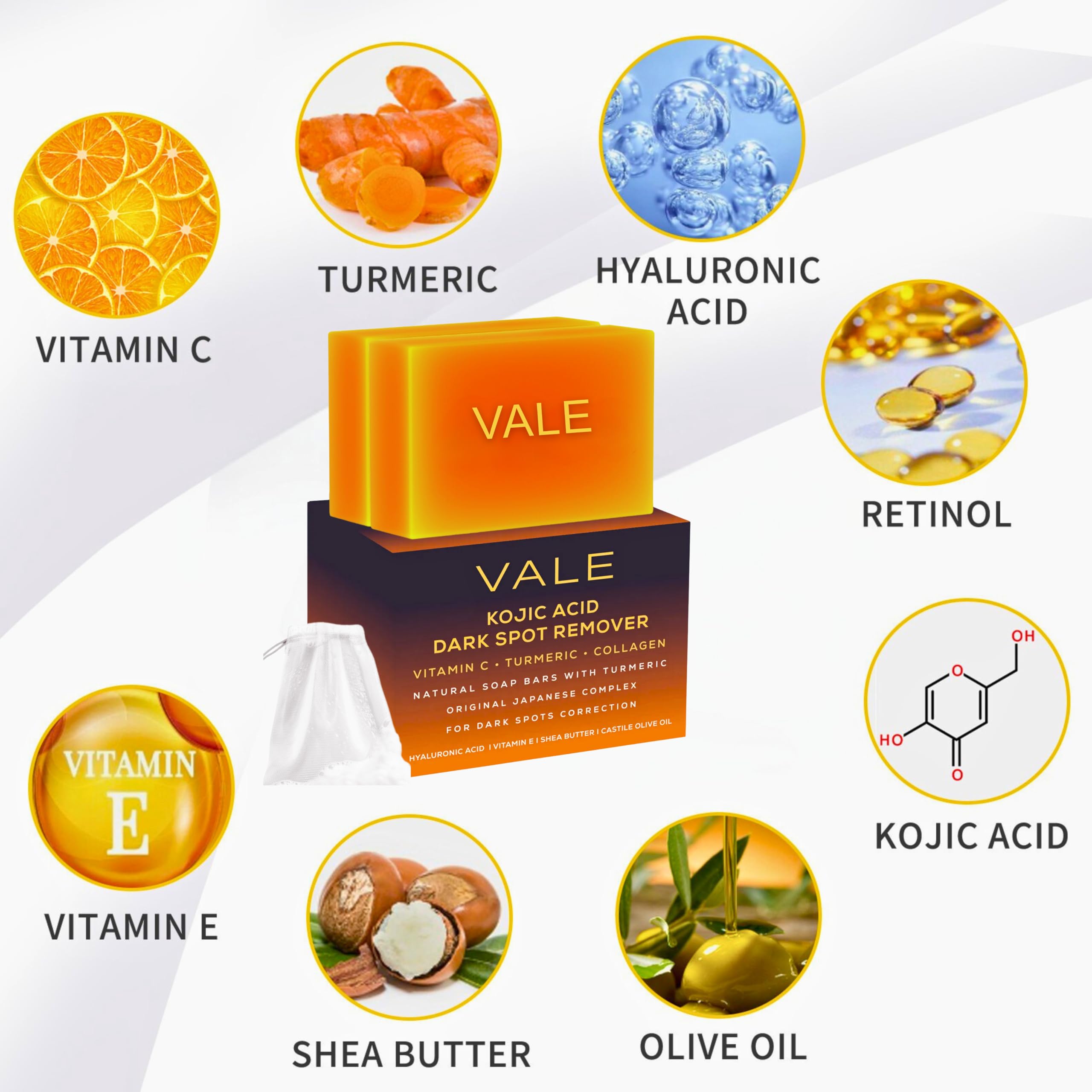 VALE Kojic Acid Turmeric Soap Bar ingredients close-up featuring turmeric for brightening.