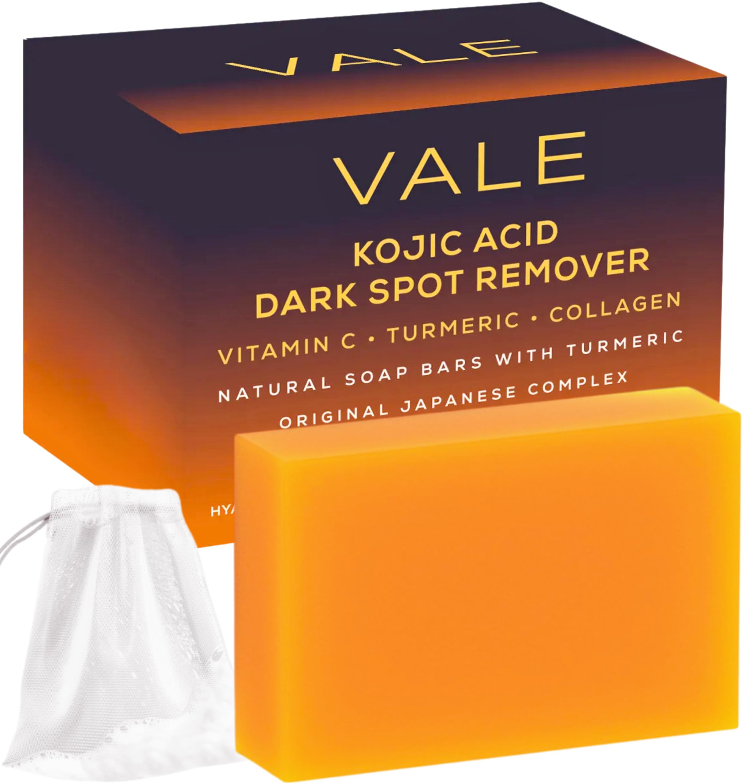 VALE Kojic Acid Turmeric Soap Bar packaging with citrus accent for brightening routine.