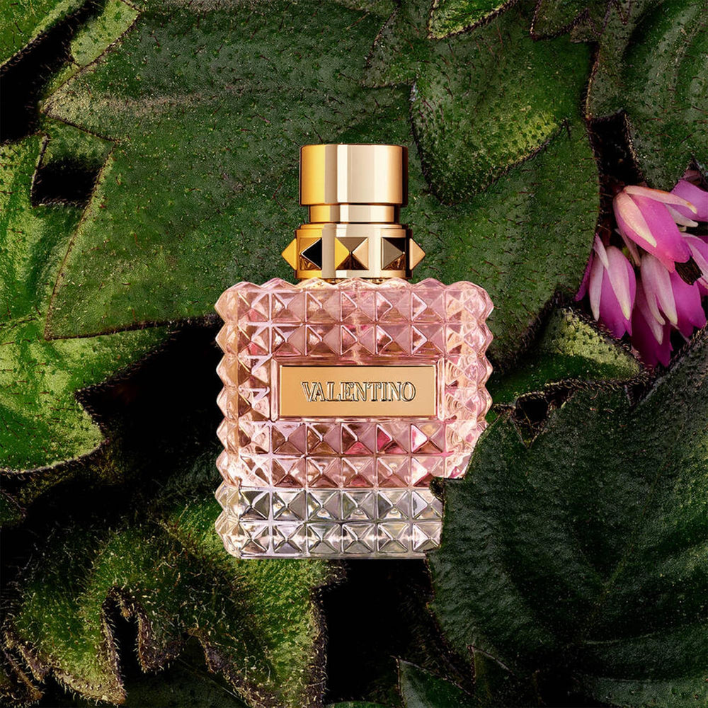 Valentino Donna EDP bottle studs detail, adds glamorous vanity appeal.