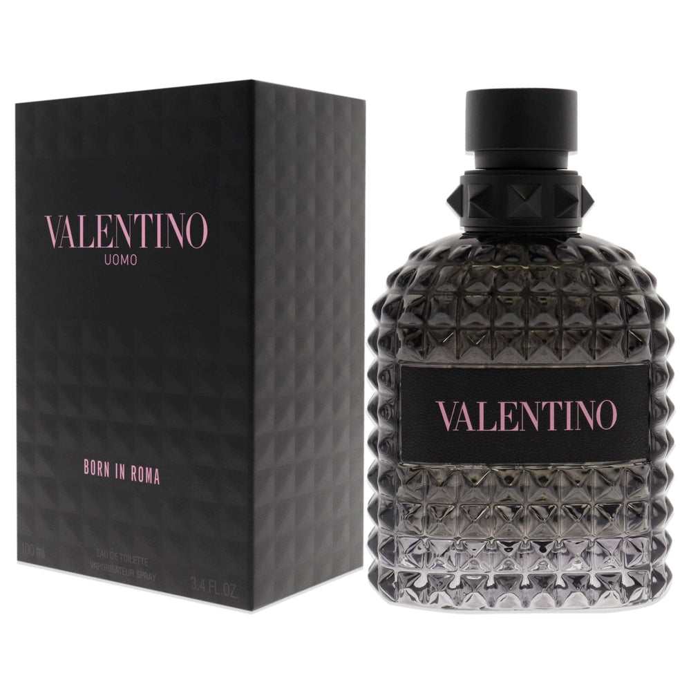 Valentino Uomo Born in Roma engraved logo close-up, premium presentation