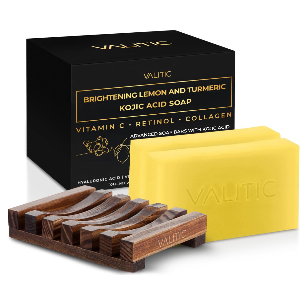 VALITIC brightening lemon-turmeric soap pack on display highlighting wellness-focused skin care.