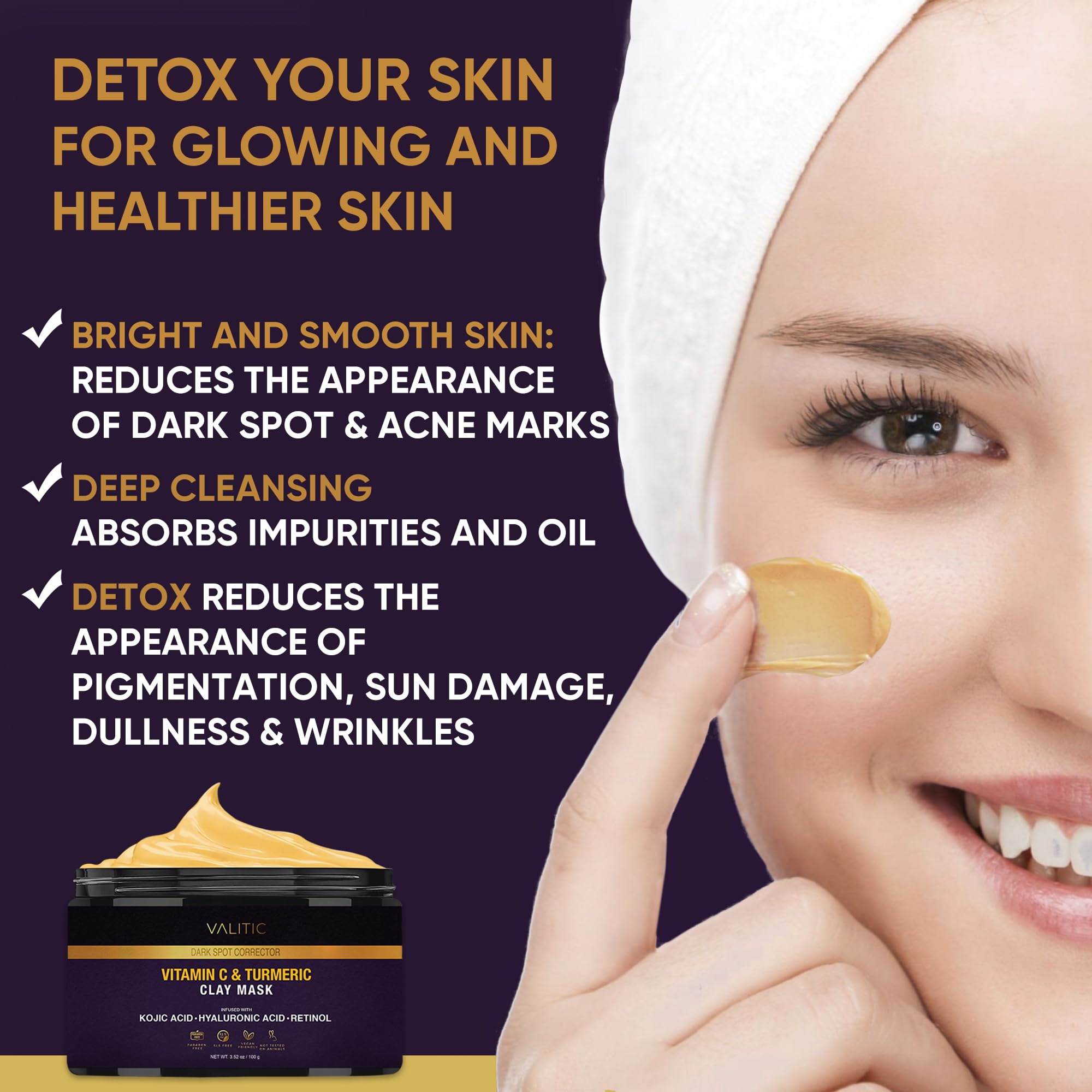 VALITIC clay mask texture closeup reveals creamy formula for pore cleansing