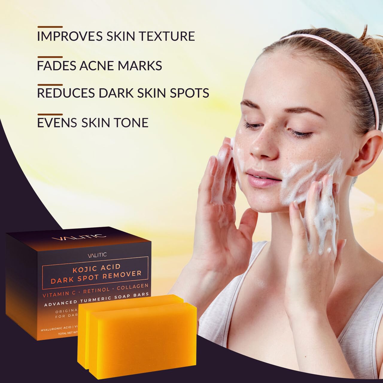 VALITIC Kojic Acid Soap packaging image hints at Vitamin C and Hyaluronic acid benefits