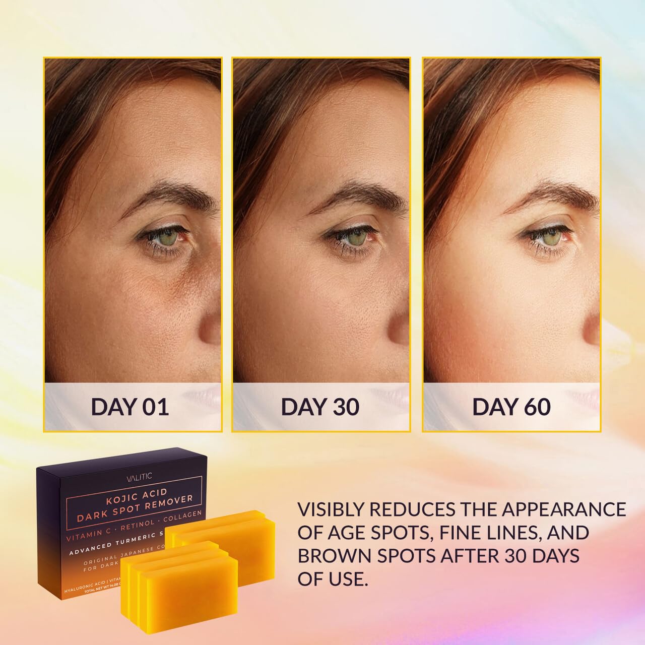 VALITIC Kojic Acid Dark Spot Soap Bars 5-pack front view for easy daily routine.