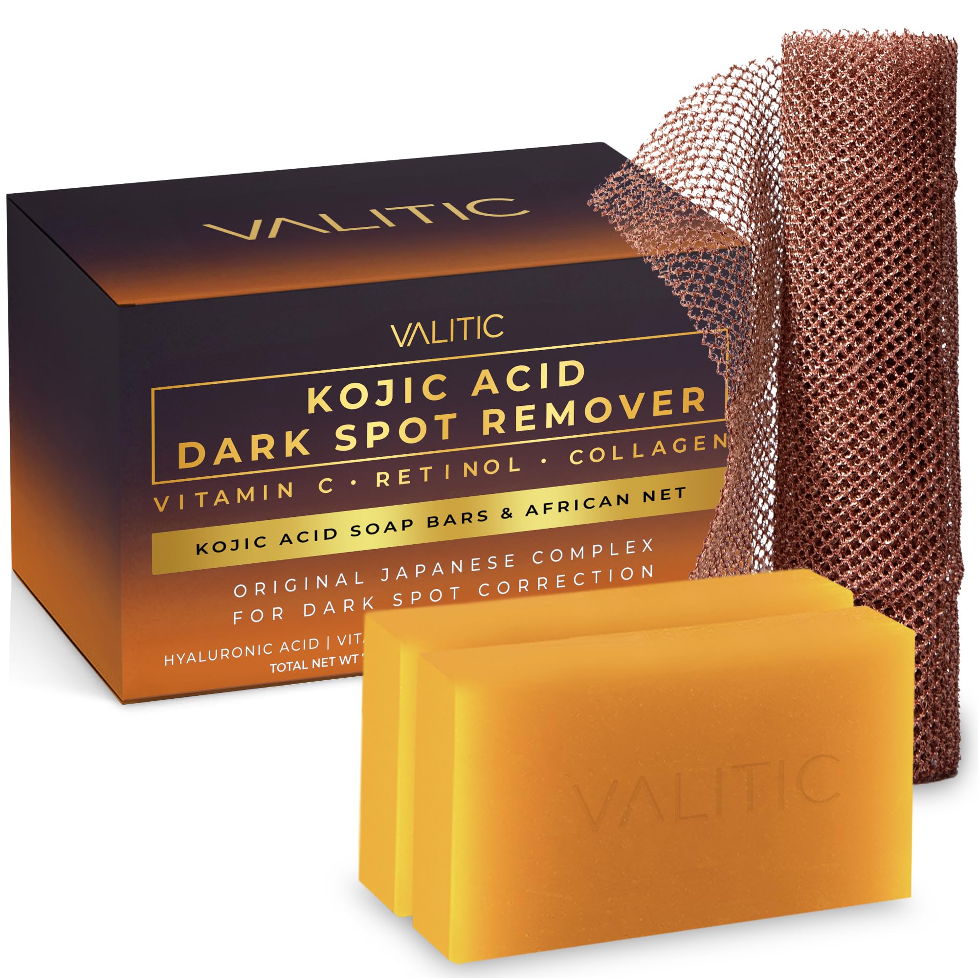 VALITIC Kojic Acid soap front bar for two-pack formula promoting even tone.